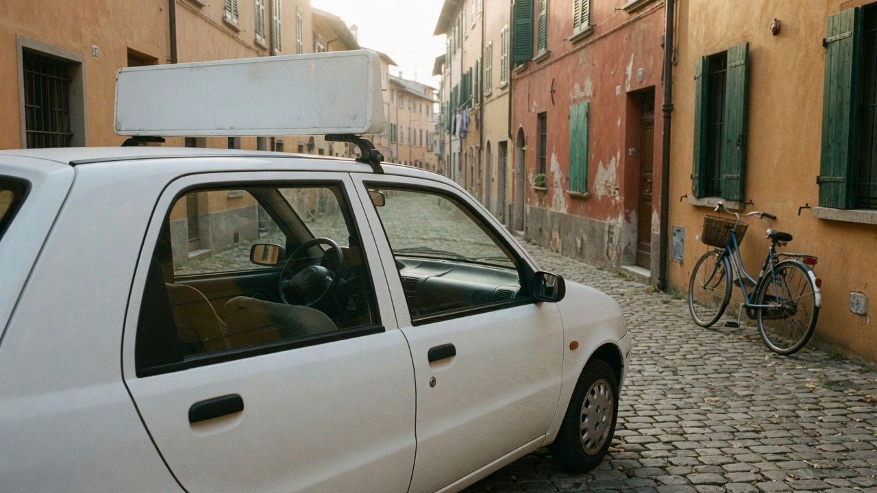 Immagine divisa: da un lato un'aula di autoscuola, dall'altro una scrivania a casa.
