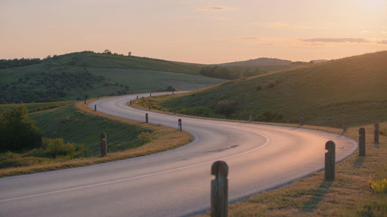Strada asfaltata che curva fra colline, con piccoli cippi che ricordano i sei passi del percorso.