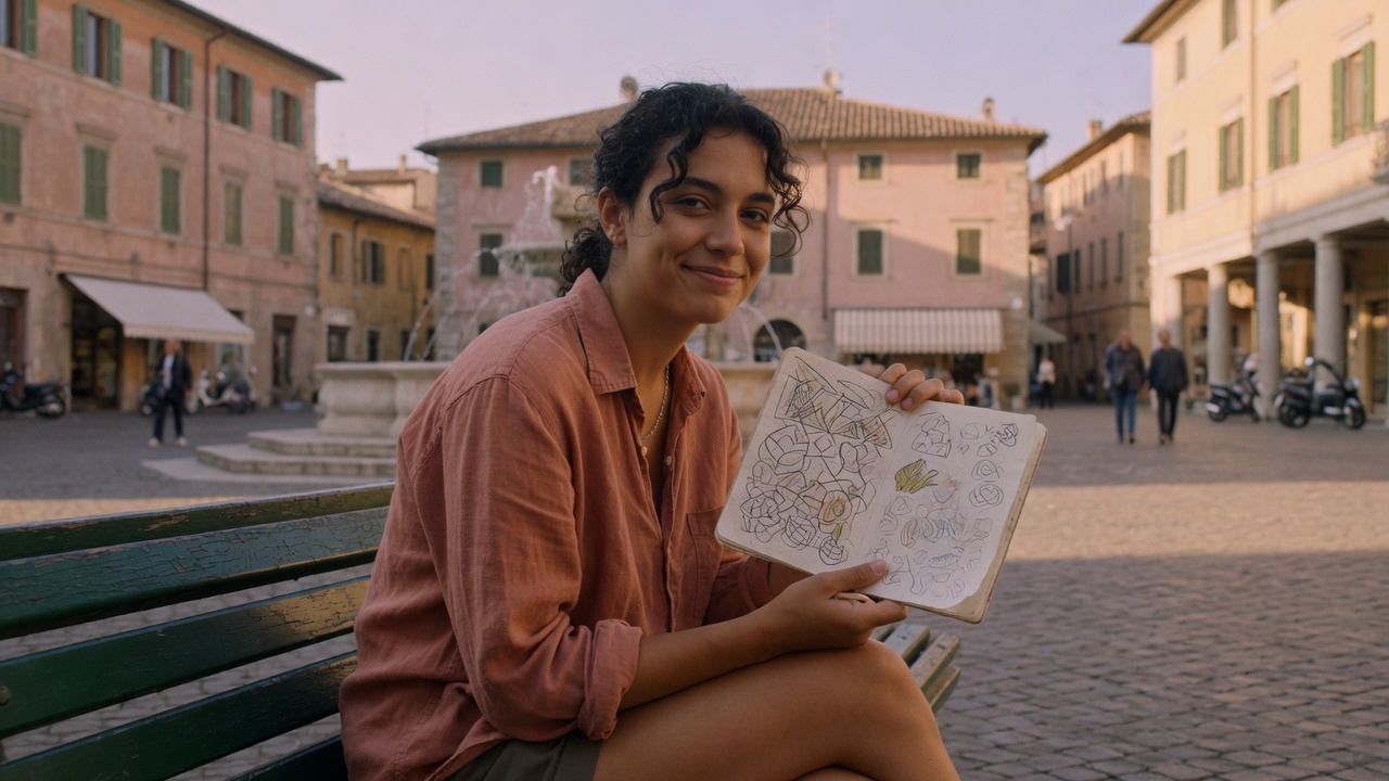 Persona seduta su una panchina in una piazza italiana, con un piccolo quaderno in mano.
