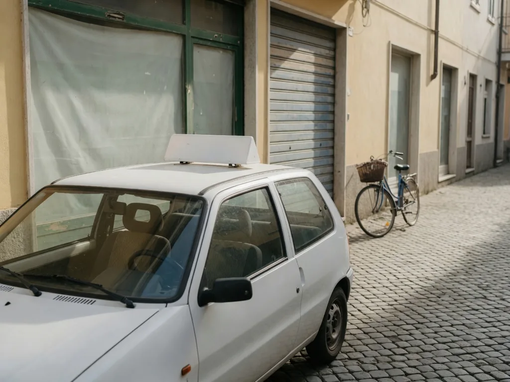 Piccola auto bianca con insegna sul tetto, parcheggiata in una via lastricata davanti a una saracinesca.