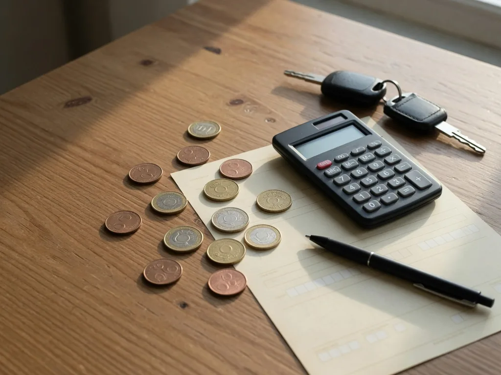 Scrivania con monete in euro, calcolatrice, una chiave e una penna